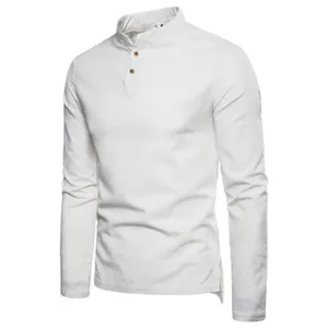 Herren Langarm Leinen Henley Shirt Freizeit Stehkragen Einfarbig Sommer Oberteil