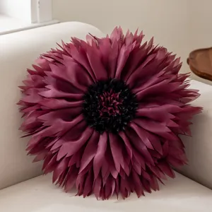 Detailed close-up view of the 3D dark red lotus flower decorative throw pillow.