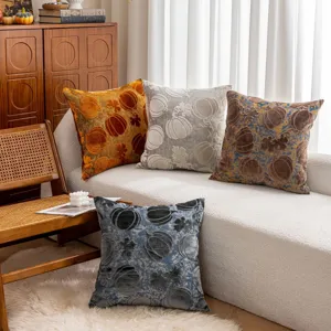Detailed shot of Nordic velvet pumpkin patterned throw pillow cover for cozy living room.
