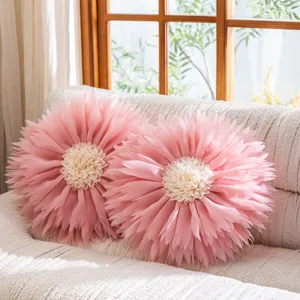 Detailed view of pink 3D lotus flower decorative pillow cushion for cozy sofa and couch setup.