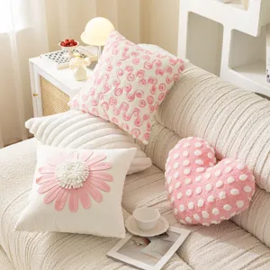 Pink princess style throw pillow covers, cute floral heart cushion cases for sofa bed.