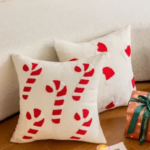Christmas embroidered throw pillow cover plush candy cane sofa decorative cushion detail view