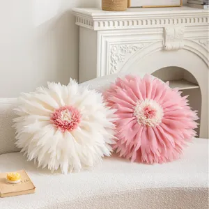 Detailed view of 3D lotus flower throw pillow, aesthetic princess style cushion for sofa.