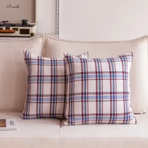 Detailed close-up shot of classic red and blue plaid throw pillow on cozy beige sofa.