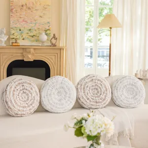 Detail view of textured round wheel pillow, perfect for sofa, bed, and home decor.