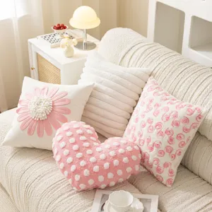 Cute pink princess style flower and heart plush throw pillow set for sofa home decor.