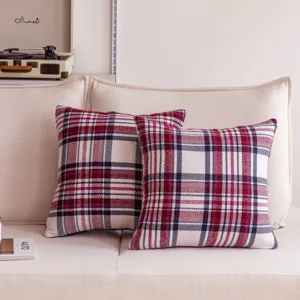 Detailed view of classic plaid sofa pillow cover, cozy home decor cushion for living room.