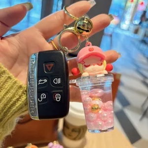 Carino portachiavi tazza tè al latte sabbia mobile liquida bambina con perle per borse.