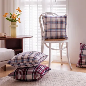 Cozy plaid throw pillow cover for living room sofa, soft fabric decorative cushion case.