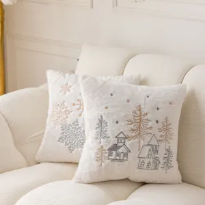 Christmas plush embroidered throw pillow cover, winter decor cushion for living room sofa.