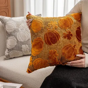 Luxurious velvet pumpkin pillowcase with 3D embossed pattern for cozy sofa and home decor.