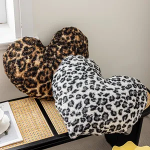 Leopard print heart shaped pillow cover, soft fleece sofa cushion for home decoration.