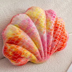 Soft seashell plush pillow with vibrant gradient colors and shiny scale pattern for home sofa decor.