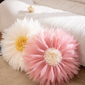 Close-up detail of aesthetic 3D flower throw pillow cover, soft lotus petal design for cozy room.