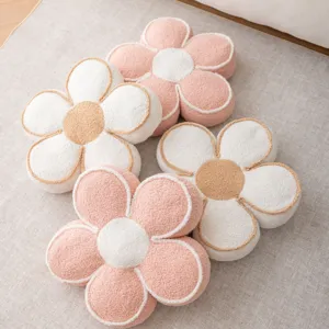 Close-up of 3D flower petal plush cushion details, soft fluffy texture, cozy home decor setup.