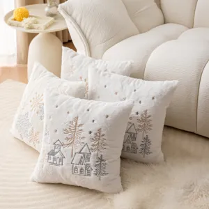 Christmas embroidered pillow cover plush winter cabin cushion for sofa living room decor