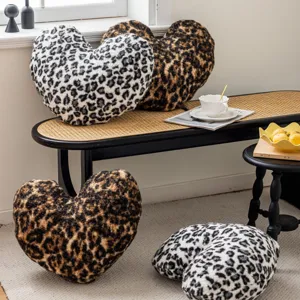Leopard print plush heart throw pillow soft fluffy cushion for sofa bed home decor living room