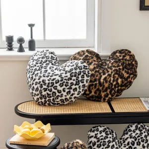 Leopard print double-sided fleece heart-shaped throw pillow cover for cozy sofa bed home decor.