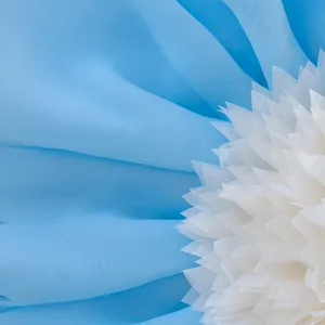 Vista detallada del pétalo de cojín de loto en capa 3D con fondo de tela azul suave.
