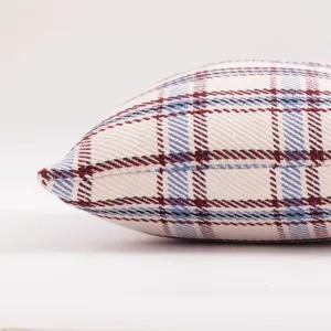 Detail view of a classic red and blue plaid cushion cover, showing soft fabric texture.