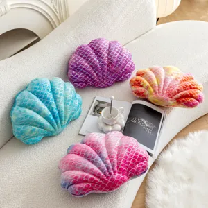 Mermaid shell plush throw pillow set, soft velvet decorative cushion for sofa and bed decor.