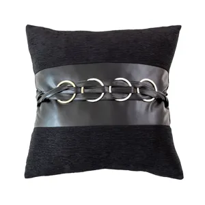 Black leather patchwork throw pillow cover with stylish gold rings belt for sofa bed