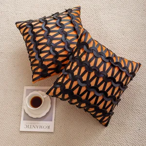Funda de cojín de sofá naranja de lujo con diseño de correa tejida negra, cojín decorativo