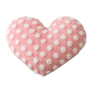 Pink heart shaped throw pillow with white dot pattern soft cushion for sofa decor main view