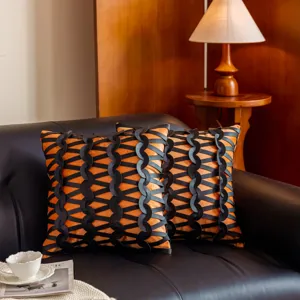 Fundas de Cojín de Sofá de Lujo Ligero Europeo Terciopelo Naranja Tejido de Cuero Negro Funda de Cojín Decorativa para Decoración del Hogar