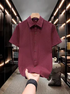 Men's summer short sleeve textured shirt casual business stylish lapel button down top fashion