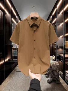 Men's summer short sleeve textured shirt casual lapel top trendy versatile brown shirt