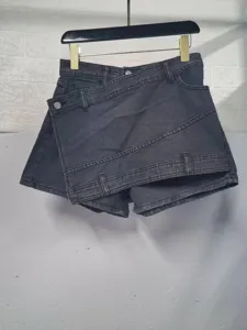 High waist asymmetric denim shorts women casual black A-line skirt pants street fashion.