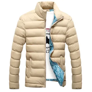 Men winter stand collar puffer jacket casual slim fit beige winter warm outerwear coat