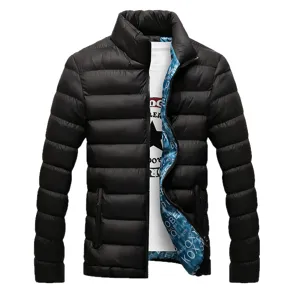 Men winter black puffer jacket slim fit stand collar casual warm coat for daily wear.