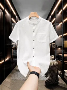 Herren Sommer Kurzarm Stehkragen Hemd Weiss Seersucker Casual Knopfleiste Top Neu
