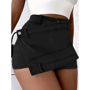 Black high waist asymmetric denim skort for women, trendy A-line streetwear shorts skirt main.