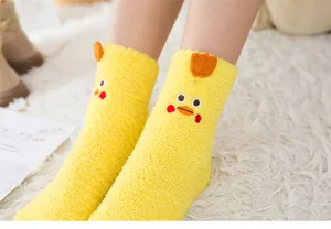 Cute fluffy yellow chick fuzzy fleece winter warm floor socks for women and cozy home.