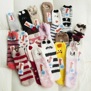 Fluffy winter coral fleece floor socks with cute animal designs, cozy sleep socks for home.