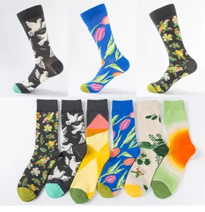 Detaillierte Ansicht bunter bedruckter Socken mit künstlerischen Vogel- und Pflanzenmotiven.