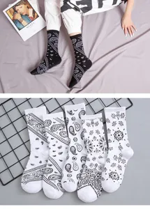 Black and white paisley mid-tube socks, stylish streetwear cotton crew socks for men and women.