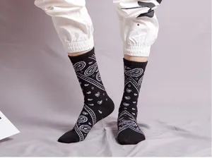 Black and white paisley print crew socks, trendy streetwear cotton socks for men and women.