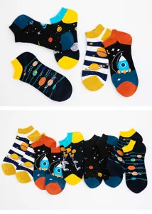 Men's cotton short socks with space planet rocket cartoon print comfortable breathable ankle socks