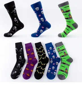 Men's Halloween printed crew socks, cotton casual novelty fun pattern socks for daily wear.