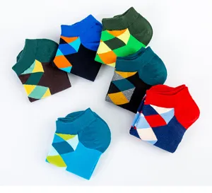 Chaussettes basses colorées à motif losanges pour hommes, coton respirant décontractées.