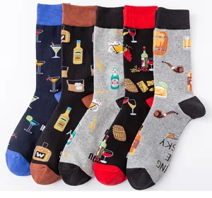 Men plus size casual crew socks with fun cocktail and whiskey printed patterns for daily wear