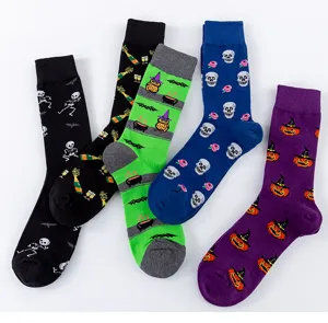 Men Halloween Patterned Cotton Socks Funny Skeleton Pumpkin Casual Crew Socks Daily Wear