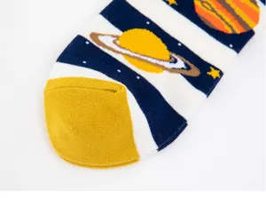 Close-up detail of cotton men's socks featuring space planet pattern and yellow heel.