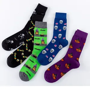 Men's cotton crew socks with Halloween skull and pumpkin patterns for casual daily wear.