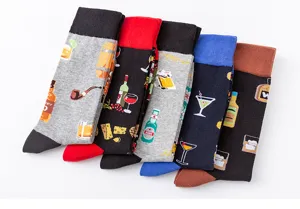 Men's cotton crew socks detail shot featuring fun drink and alcohol cartoon pattern designs.