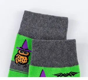 Halloween cotton socks with cute owl and bat patterns, cozy and stylish daily wear socks.
